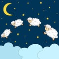 Greeting card cute lambs Vector illustration Night sky clouds moon stars Royalty Free Stock Photo